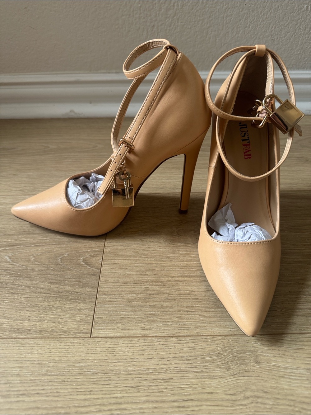 JustFab Nude Tan Pointed Ankle-Strap Stiletto Pumps with Padlock Charm